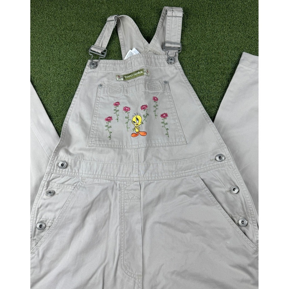 Vintage 1999 Warner Bros Tweety Bird Overalls Tan Wide Leg Carpenter Womens S - Picture 2 of 14